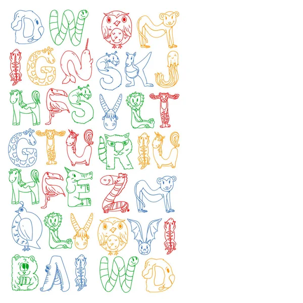 Tierbuchstaben. Zoo-Alphabet. Buchstaben von a bis z. Karikatur niedliche Tiere. Elefant, Hund, Flamingo, Giraffe, Pferd, Alligator, Bär, Katze. — Stockvektor