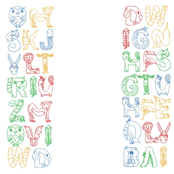 Tierbuchstaben. Zoo-Alphabet. Buchstaben von a bis z. Karikatur niedliche Tiere. Elefant, Hund, Flamingo, Giraffe, Pferd, Alligator, Bär, Katze. — Stockvektor