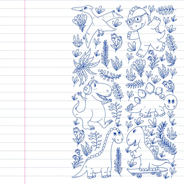 Motif tissu enfants, textile, papier peint de pépinière. Illustration vectorielle. Dinosaures dessinés à la main, dino pour petits enfants . — Image vectorielle