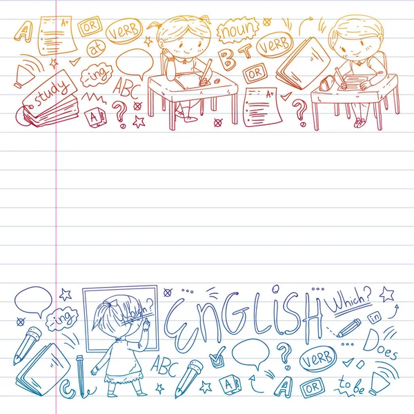 Μάθημα αγγλικής γλώσσας στο διαδίκτυο. Μάθετε τη γλώσσα online. Εκπαίδευση διανυσματική απεικόνιση. Παιδιά που σχεδιάζουν εικόνα στυλ doodle. — Διανυσματικό Αρχείο