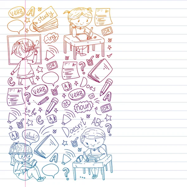 Corso englinsh su Internet. Impara la lingua online. Illustrazione dei vettori educativi. Bambini disegno immagine in stile doodle . — Vettoriale Stock
