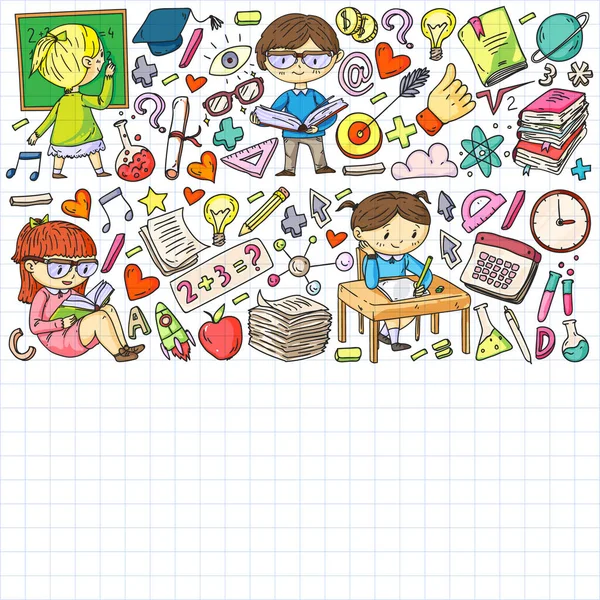 Online education concept. Vector icons and elements for little children, college, internet courses. Doodle style, kids drawing. — Stock Vector