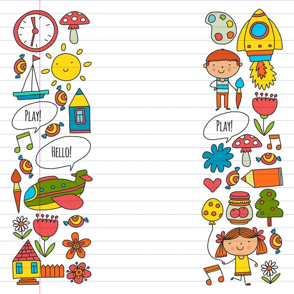 Pendidikan online untuk balita. Pelajaran untuk anak-anak di internet. Pola vektor untuk taman kanak-kanak banner, poster dengan bulan, planet, pesawat ruang angkasa, roket, matahari, buah-buahan, rumah, bunga  . Stok Ilustrasi 