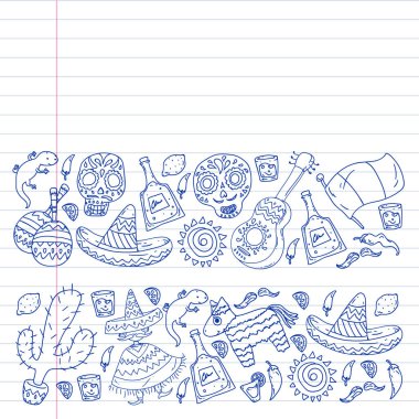 Meksika mutfak broşürleri için vektör deseni. İnternetten Meksika mutfağı sipariş et. Hızlı teslimat. Ulusal Meksika etnik unsurları. Ölüler Günü. Şeker kafatası.
