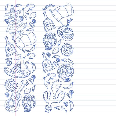 Meksika mutfak broşürleri için vektör deseni. İnternetten Meksika mutfağı sipariş et. Hızlı teslimat. Ulusal Meksika etnik unsurları. Ölüler Günü. Şeker kafatası.