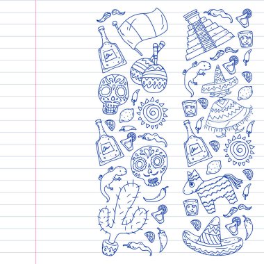 Meksika mutfak broşürleri için vektör deseni. İnternetten Meksika mutfağı sipariş et. Hızlı teslimat. Ulusal Meksika etnik unsurları. Ölüler Günü. Şeker kafatası.