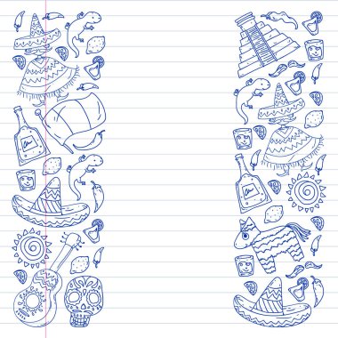 Meksika mutfak broşürleri için vektör deseni. İnternetten Meksika mutfağı sipariş et. Hızlı teslimat. Ulusal Meksika etnik unsurları. Ölüler Günü. Şeker kafatası.