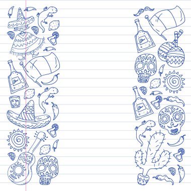 Meksika mutfak broşürleri için vektör deseni. İnternetten Meksika mutfağı sipariş et. Hızlı teslimat. Ulusal Meksika etnik unsurları. Ölüler Günü. Şeker kafatası.