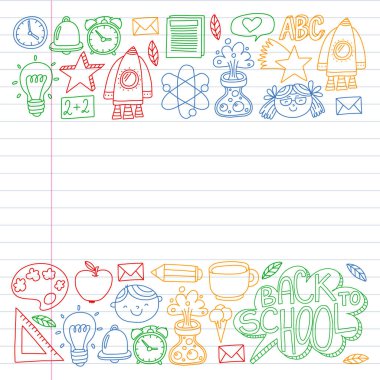 Çevrimiçi eğitim kavramı. Küçük çocuklar, üniversite, internet kursları için vektör simgeleri ve elementler. Doodle tarzı, çocuklar çiziyor..