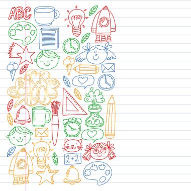 Çevrimiçi eğitim kavramı. Küçük çocuklar, üniversite, internet kursları için vektör simgeleri ve elementler. Doodle tarzı, çocuklar çiziyor..