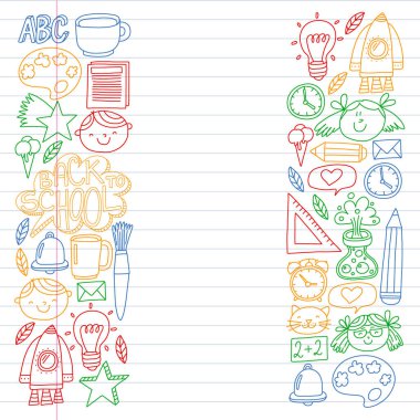 Çevrimiçi eğitim kavramı. Küçük çocuklar, üniversite, internet kursları için vektör simgeleri ve elementler. Doodle tarzı, çocuklar çiziyor..