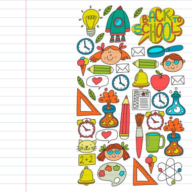 Çevrimiçi eğitim kavramı. Küçük çocuklar, üniversite, internet kursları için vektör simgeleri ve elementler. Doodle tarzı, çocuklar çiziyor..