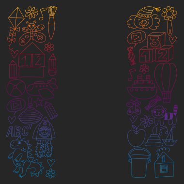 Anaokulu anaokulu çocukları. Çocuklar stil vektör modeli çiziyor. Birlikte büyümeyi öğrenin..