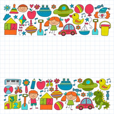 Anaokulu anaokulu çocukları. Çocuklar stil vektör modeli çiziyor. Birlikte büyümeyi öğrenin..