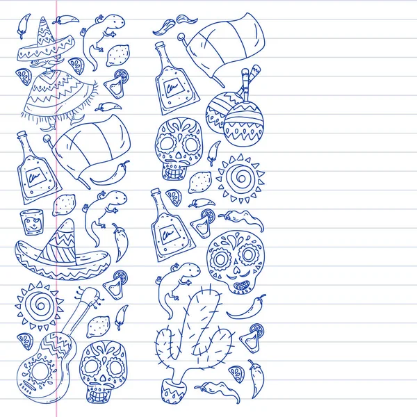 Meksika mutfak broşürleri için vektör deseni. İnternetten Meksika mutfağı sipariş et. Hızlı teslimat. Ulusal Meksika etnik unsurları. Ölüler Günü. Şeker kafatası.