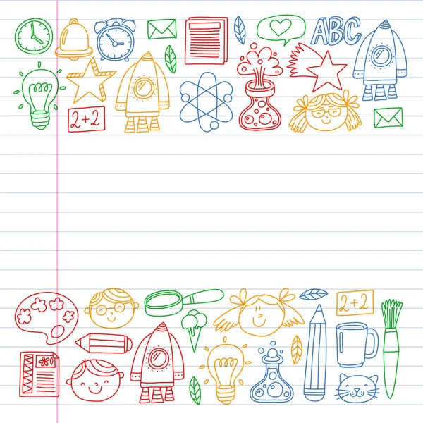 Online-Bildungskonzept. Vektorsymbole und Elemente für kleine Kinder, College, Internetkurse. Doodle-Stil, Kinder zeichnen. — Stockvektor