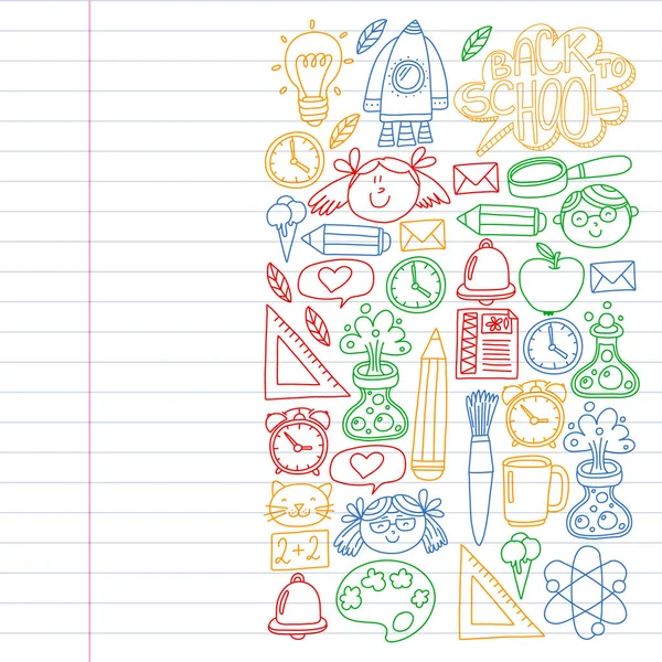 Concepto de educación online. Iconos vectoriales y elementos para niños pequeños, universidad, cursos de Internet. Estilo Doodle, dibujo de niños . — Vector de stock