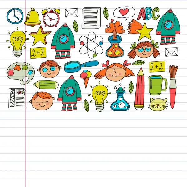 On-line vzdělávání koncept. Vektorové ikony a prvky pro malé děti, vysoká škola, internetové kurzy. styl čmáranice, kresba pro děti. — Stockový vektor
