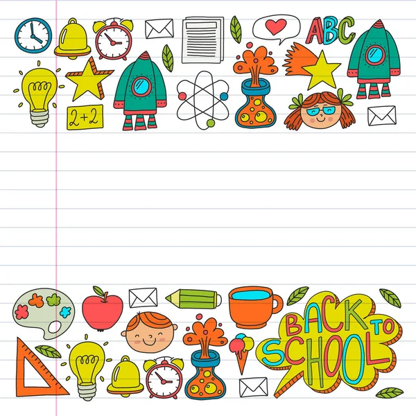 Concepto de educación online. Iconos vectoriales y elementos para niños pequeños, universidad, cursos de Internet. Estilo Doodle, dibujo de niños . — Archivo Imágenes Vectoriales