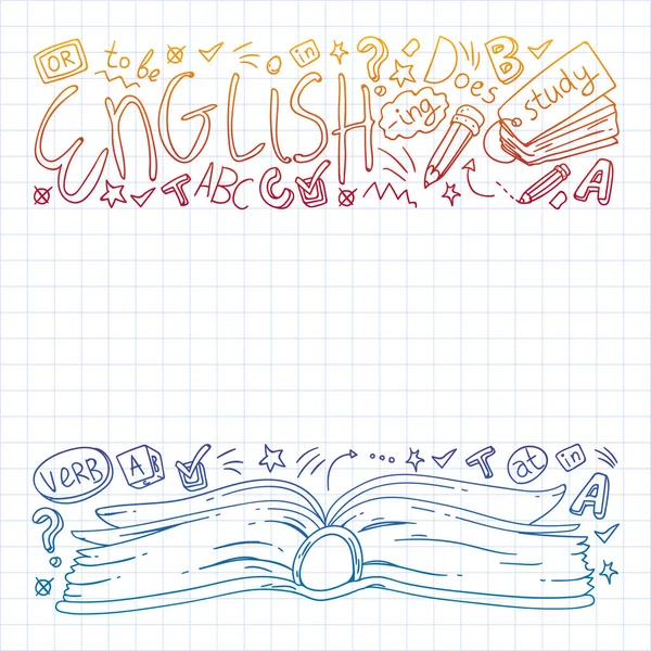 Englische Internet Online-Kurse. Doodle-Vektor-Konzept Illustration des Lernens der englischen Sprache. — Stockvektor