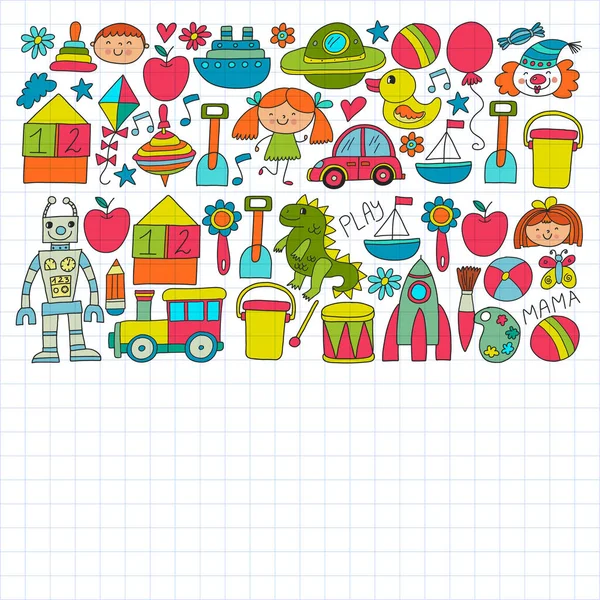 Kindergarten preschool school children. Kids drawing style vector pattern. Play grow learn together. — Stock Vector