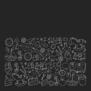 Anaokulu oyuncakları ile. Çocuklar için şablon. Küçük okul öncesi çocuklar eğitim. Oyun çizim, öğrenme,