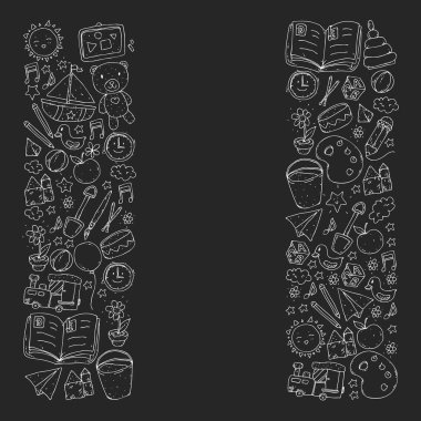 Anaokulu oyuncakları ile. Çocuklar için şablon. Küçük okul öncesi çocuklar eğitim. Oyun çizim, öğrenme,