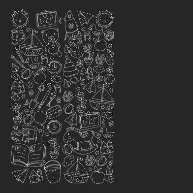 Anaokulu oyuncakları ile. Çocuklar için şablon. Küçük okul öncesi çocuklar eğitim. Oyun çizim, öğrenme,