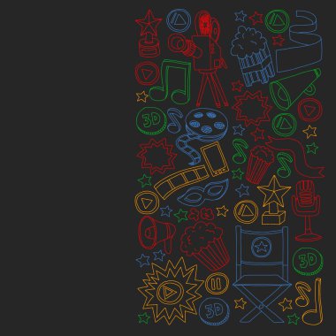 Çevrimiçi sinema vektör simgeleri. Patlamış mısırlı arka plan, film illüstrasyonu, müzik notaları.