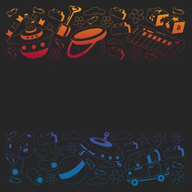 Oyuncaklarla anaokulu vektör deseni. Çocuklar birlikte oynar ve büyür..