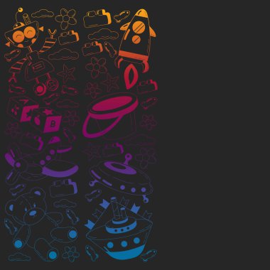 Oyuncaklarla anaokulu vektör deseni. Çocuklar birlikte oynar ve büyür..