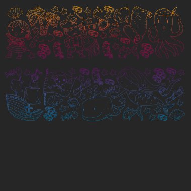 Korsan partisi. Küçük çocuklar için çizimler. Hazine adası, ahtapot, korsanlar ile Çocuk doğum günü kutlaması