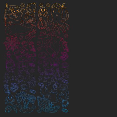 Korsan partisi. Küçük çocuklar için çizimler. Hazine adası, ahtapot, korsanlar ile Çocuk doğum günü kutlaması