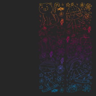 Küçük çocuklarla Noel şablonu. Çocuklar kış tatillerinde oynar ve eğlenirler..