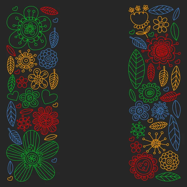 Modèle vectoriel avec des fleurs et des feuilles doodle — Image vectorielle