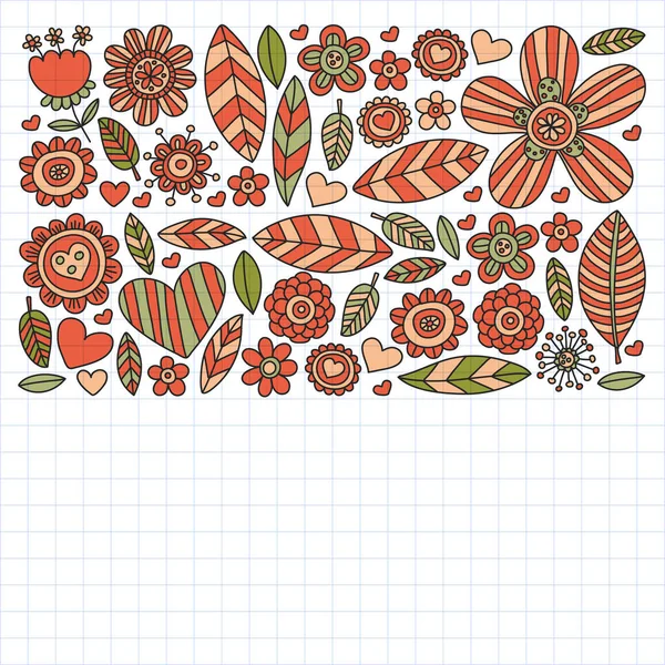 Patrón vectorial con flores y hojas de garabato — Vector de stock