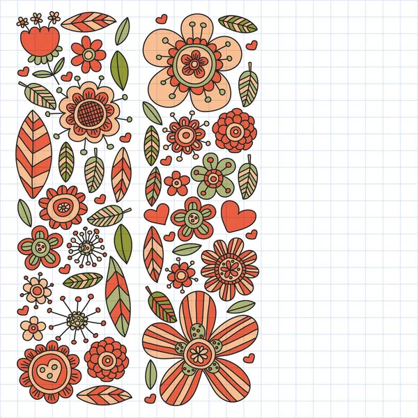 Modèle vectoriel avec des fleurs et des feuilles doodle — Image vectorielle