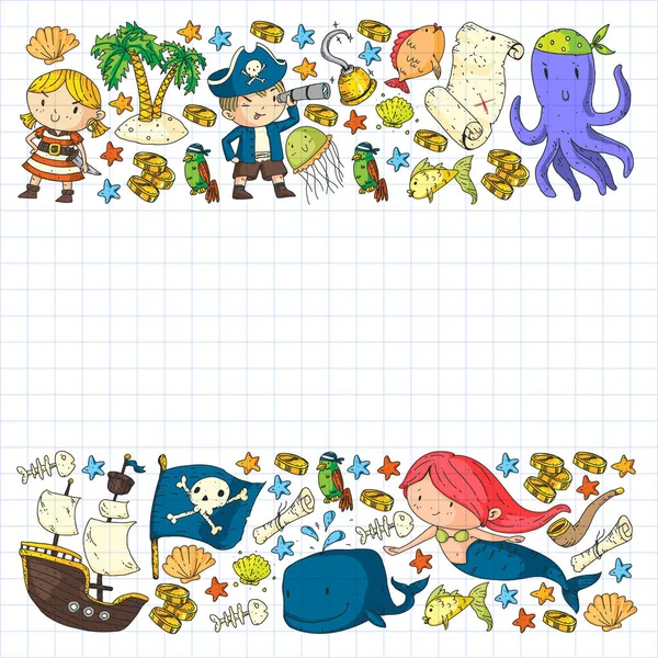 Piratpartiet. Illustrationer för små barn. Kids födelsedagsfirande med Treasure Island, bläckfisk, pirater — Stock vektor