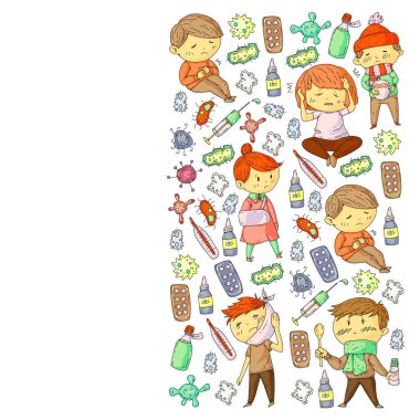 Küçük çocuklar ile vektör deseni. Çocuk hastalıkları, grip, hastalık İllüstrasyon