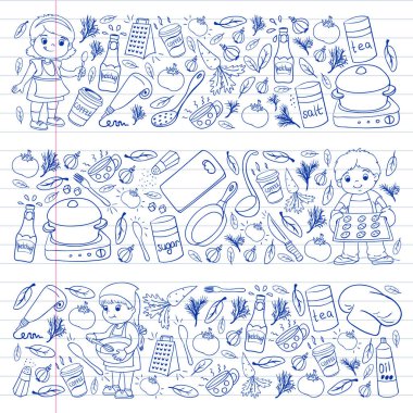 Küçük çocuklar için yemek pişirme kursunun vektör kalıbı. Çocuk simgeleri. Sağlıklı beslenme.