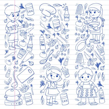 Küçük çocuklar için yemek pişirme kursunun vektör kalıbı. Çocuk simgeleri. Sağlıklı beslenme.