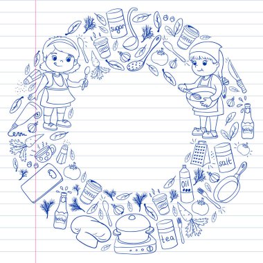 Küçük çocuklar için yemek pişirme kursunun vektör kalıbı. Çocuk simgeleri. Sağlıklı beslenme.