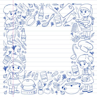 Küçük çocuklar için yemek pişirme kursunun vektör kalıbı. Çocuk simgeleri. Sağlıklı beslenme.