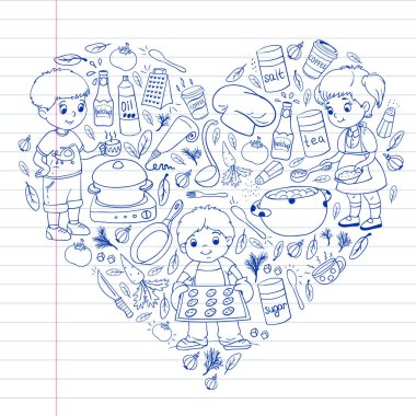 Küçük çocuklar için yemek pişirme kursunun vektör kalıbı. Çocuk simgeleri. Sağlıklı beslenme.