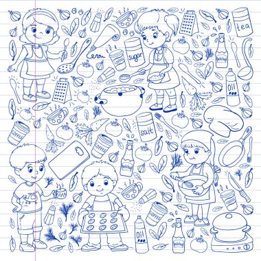 Küçük çocuklar için yemek pişirme kursunun vektör kalıbı. Çocuk simgeleri. Sağlıklı beslenme.