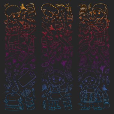 Küçük çocuklar için yemek pişirme kursunun vektör kalıbı. Çocuk simgeleri. Sağlıklı beslenme.