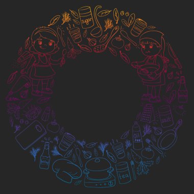 Küçük çocuklar için yemek pişirme kursunun vektör kalıbı. Çocuk simgeleri. Sağlıklı beslenme.