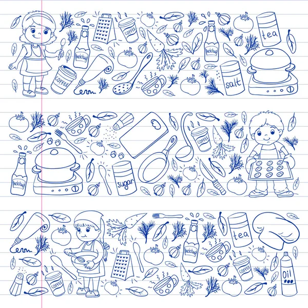 Küçük çocuklar için yemek pişirme kursunun vektör kalıbı. Çocuk simgeleri. Sağlıklı beslenme.