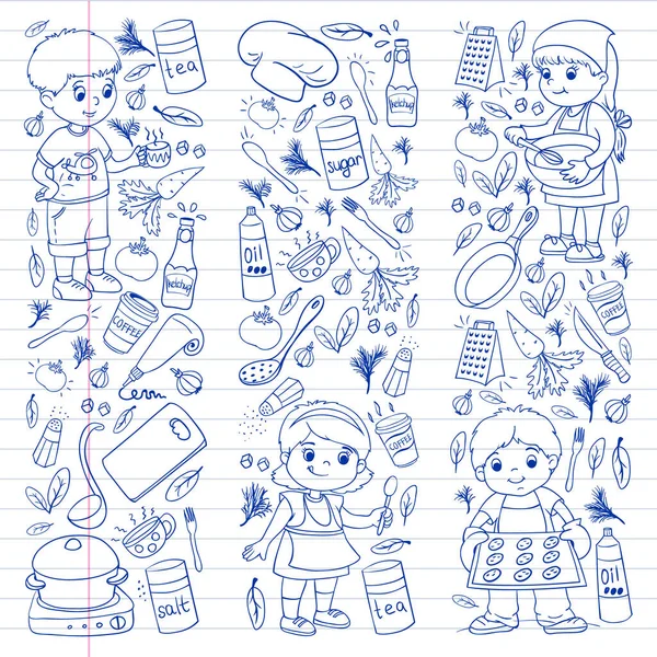 Küçük çocuklar için yemek pişirme kursunun vektör kalıbı. Çocuk simgeleri. Sağlıklı beslenme.