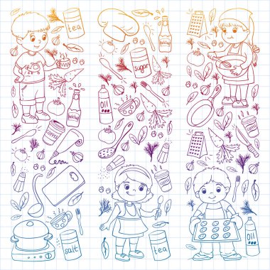 Küçük çocuklar için yemek pişirme kursunun vektör kalıbı. Çocuk simgeleri. Sağlıklı beslenme.